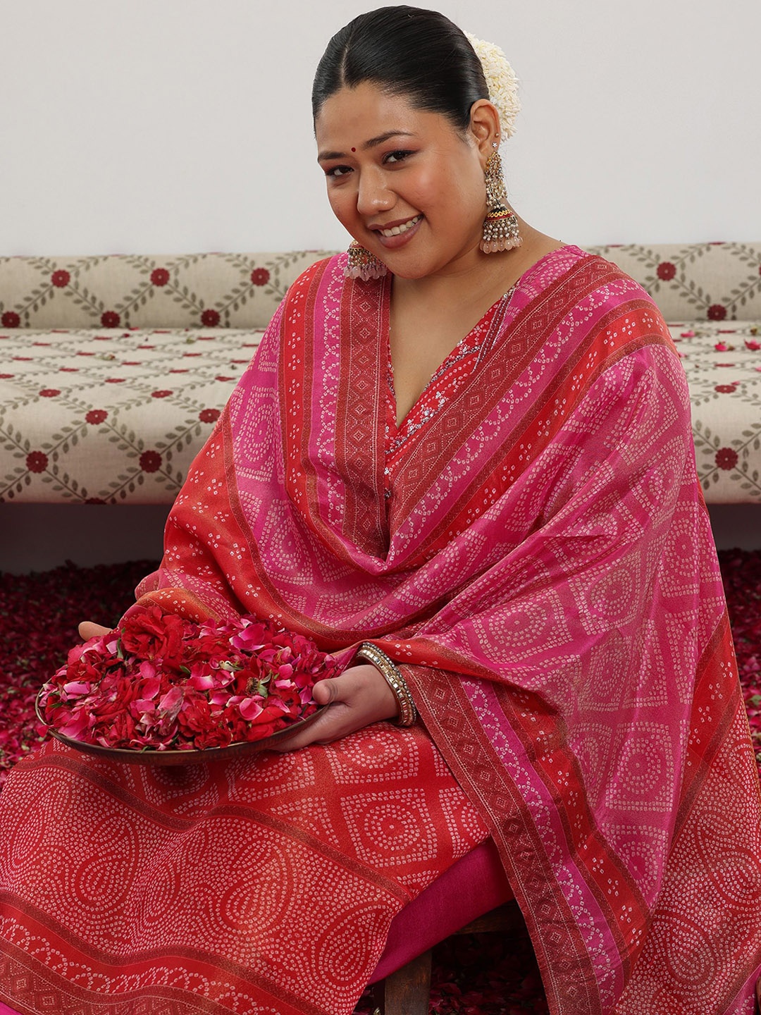 

EXTRA LOVE BY LIBAS Plus Size Bandhani Printed Straight Kurta with Trousers & Dupatta, Pink