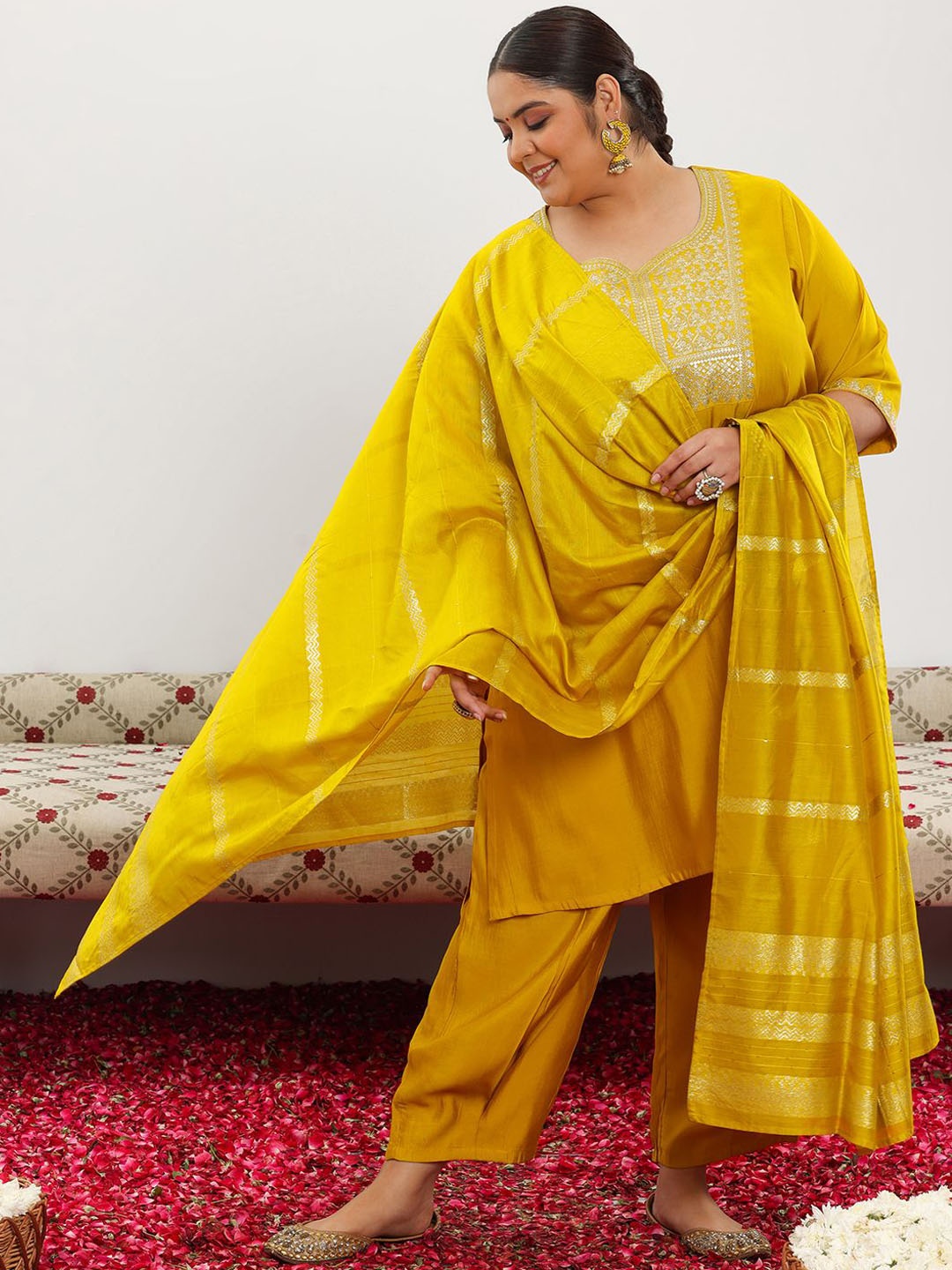 

EXTRA LOVE BY LIBAS Plus Size Floral Yoke Design Sequinned Kurta & Trouser & Dupatta, Yellow