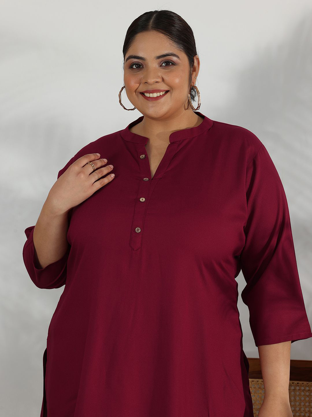 

EXTRA LOVE BY LIBAS Women Plus Size Shirt Collar Three Quarter Sleeves Tunics, Maroon