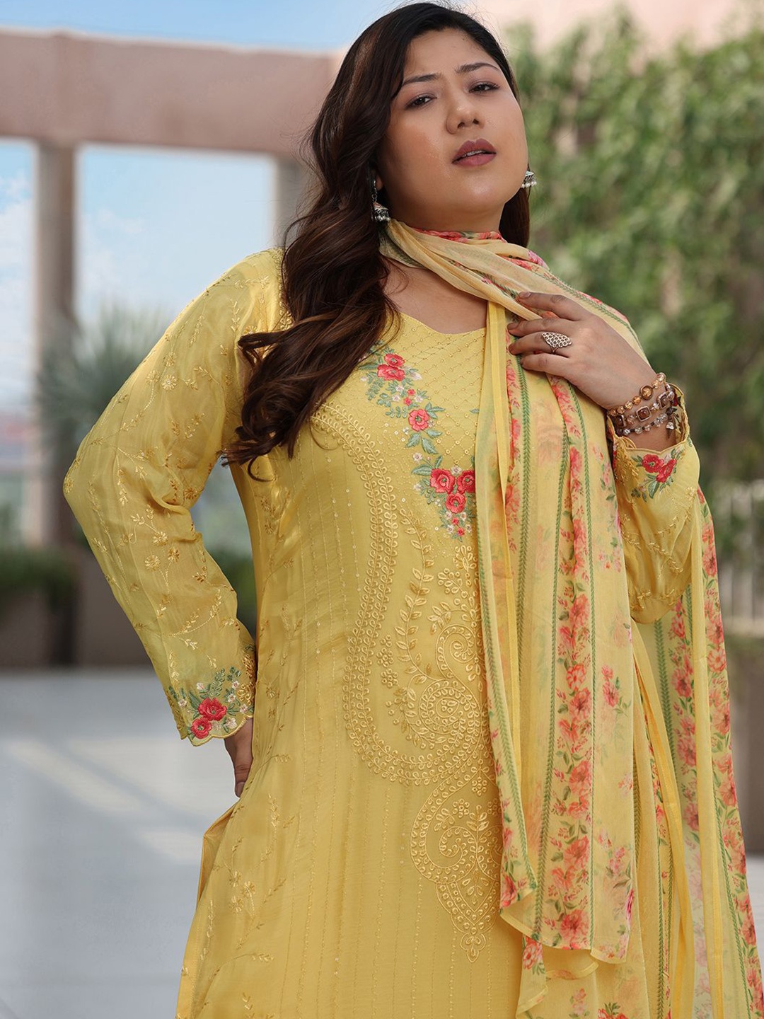 

EXTRA LOVE BY LIBAS Plus Size Floral Embroidered Organza Kurta & Trouser & Dupatta, Yellow