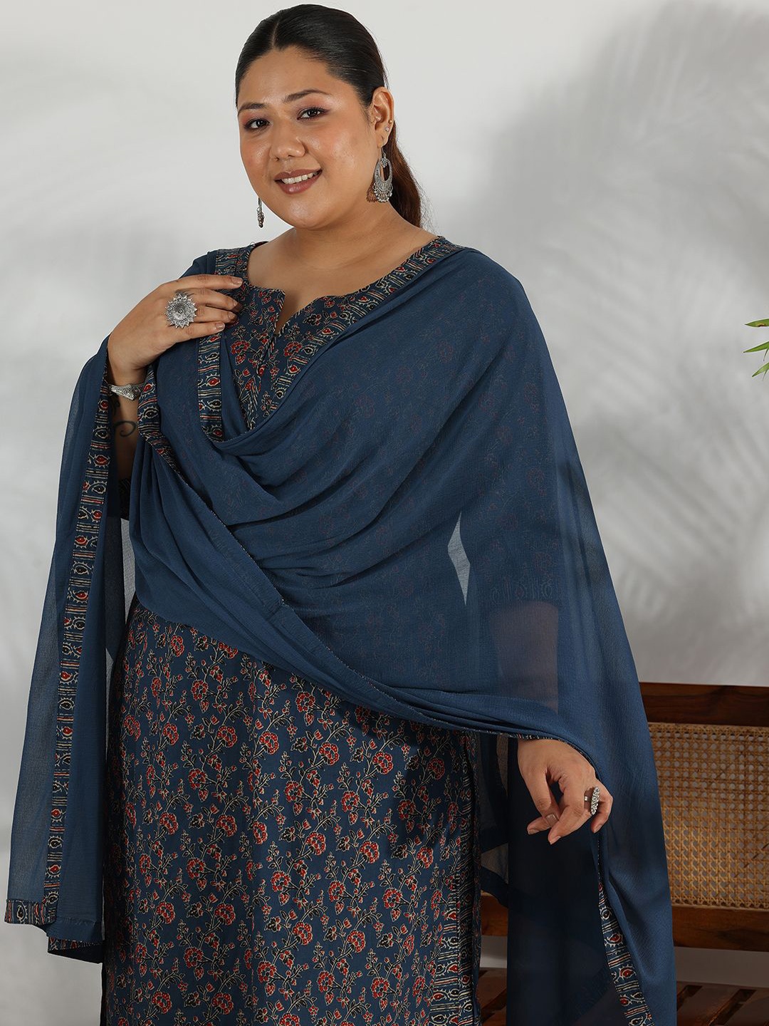 

EXTRA LOVE BY LIBAS Plus Size Floral Printed Cotton Straight Kurta with Palazzos & Dupatta, Blue