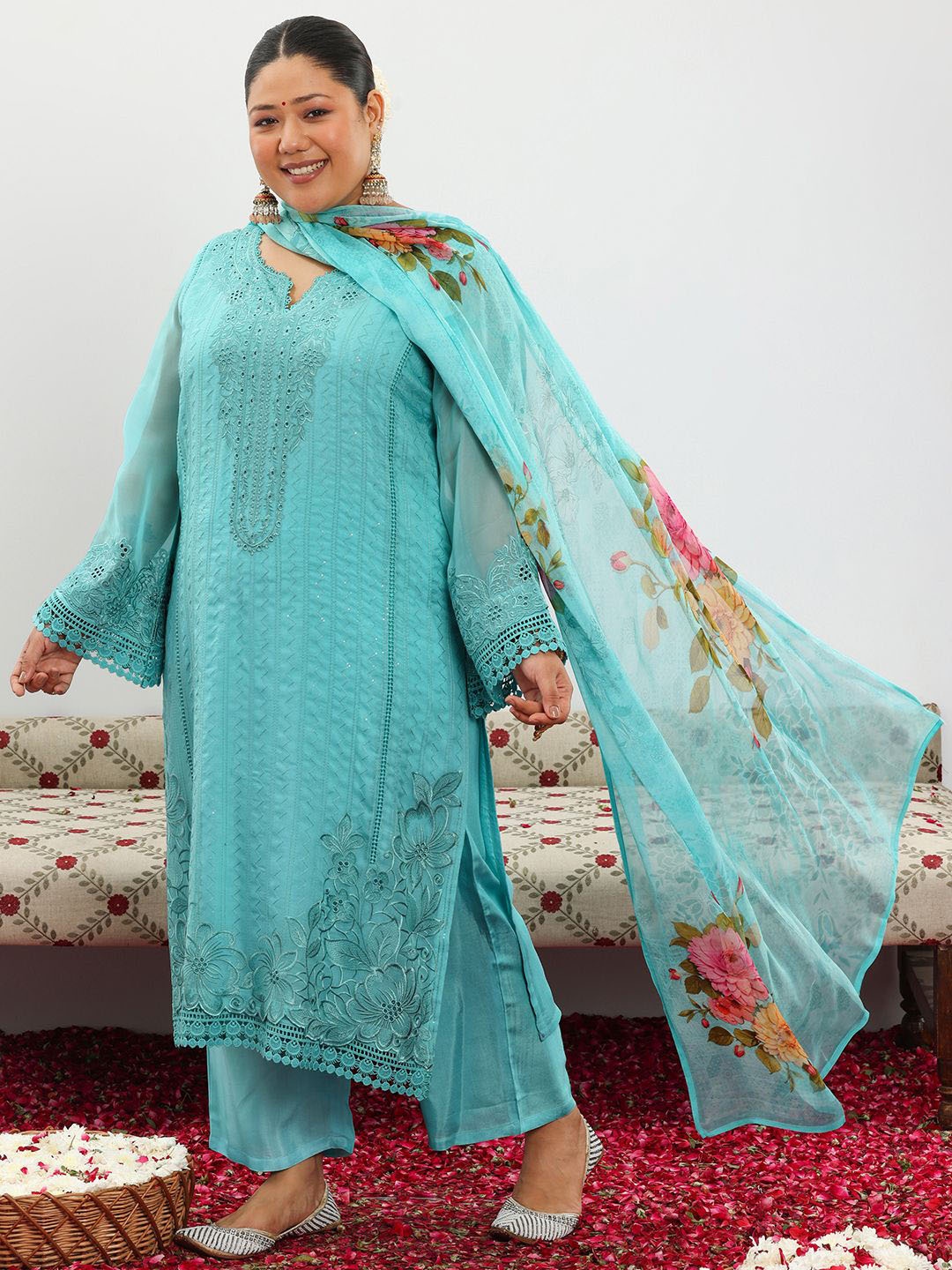 

EXTRA LOVE BY LIBAS Plus Size Floral Embroidered Georgette Kurta With Trouser & Dupatta, Turquoise blue