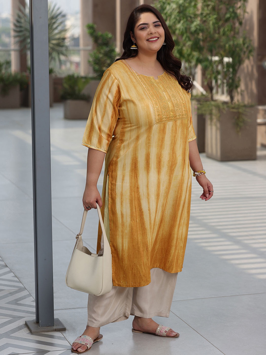 

EXTRA LOVE BY LIBAS Plus Size Printed Round Neck Mirror Work Cotton Straight Kurta, Mustard