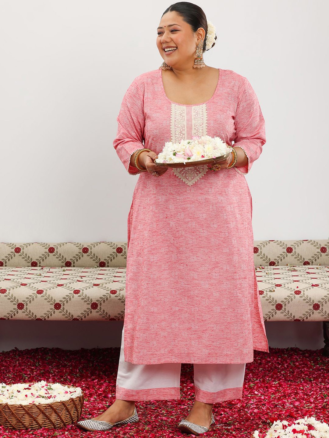 EXTRA LOVE BY LIBAS Plus Size Yoke Design Straight Kurta with Trousers, Pink