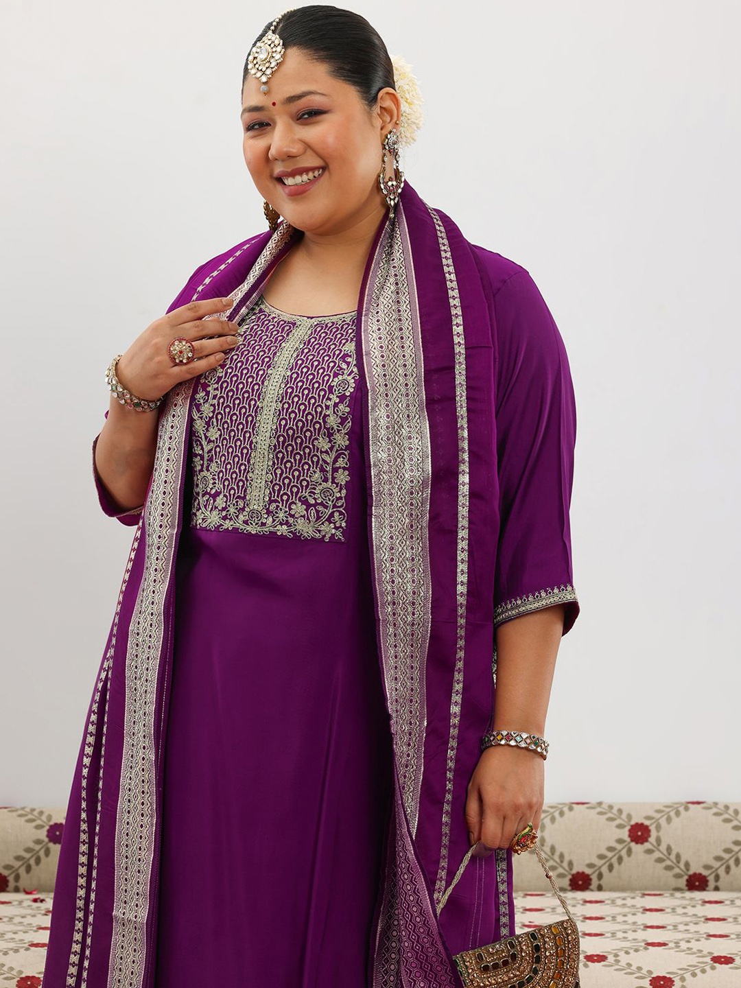 

EXTRA LOVE BY LIBAS Plus Size Floral Yoke Design Zari Straight Kurta With Salwar & Dupatta, Purple