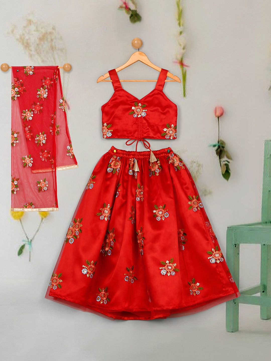 

SAKA DESIGNS Girls Embroidered Ready to Wear Lehenga & Blouse With Dupatta, Red