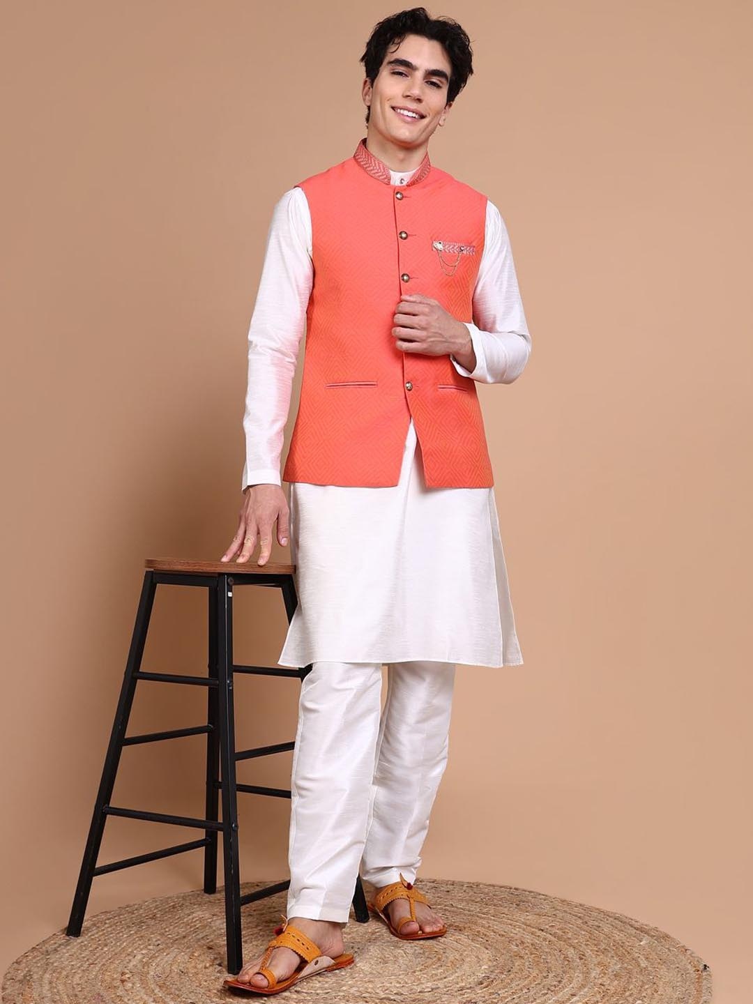 

SHOWOFF Mandarin Collar Straight Kurta with Trousers, White