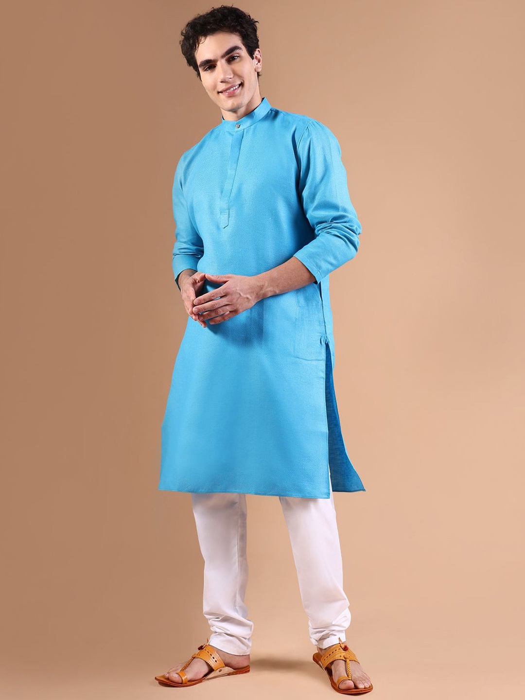 

SHOWOFF Mandarin Collar Straight Kurta with Trousers, Blue