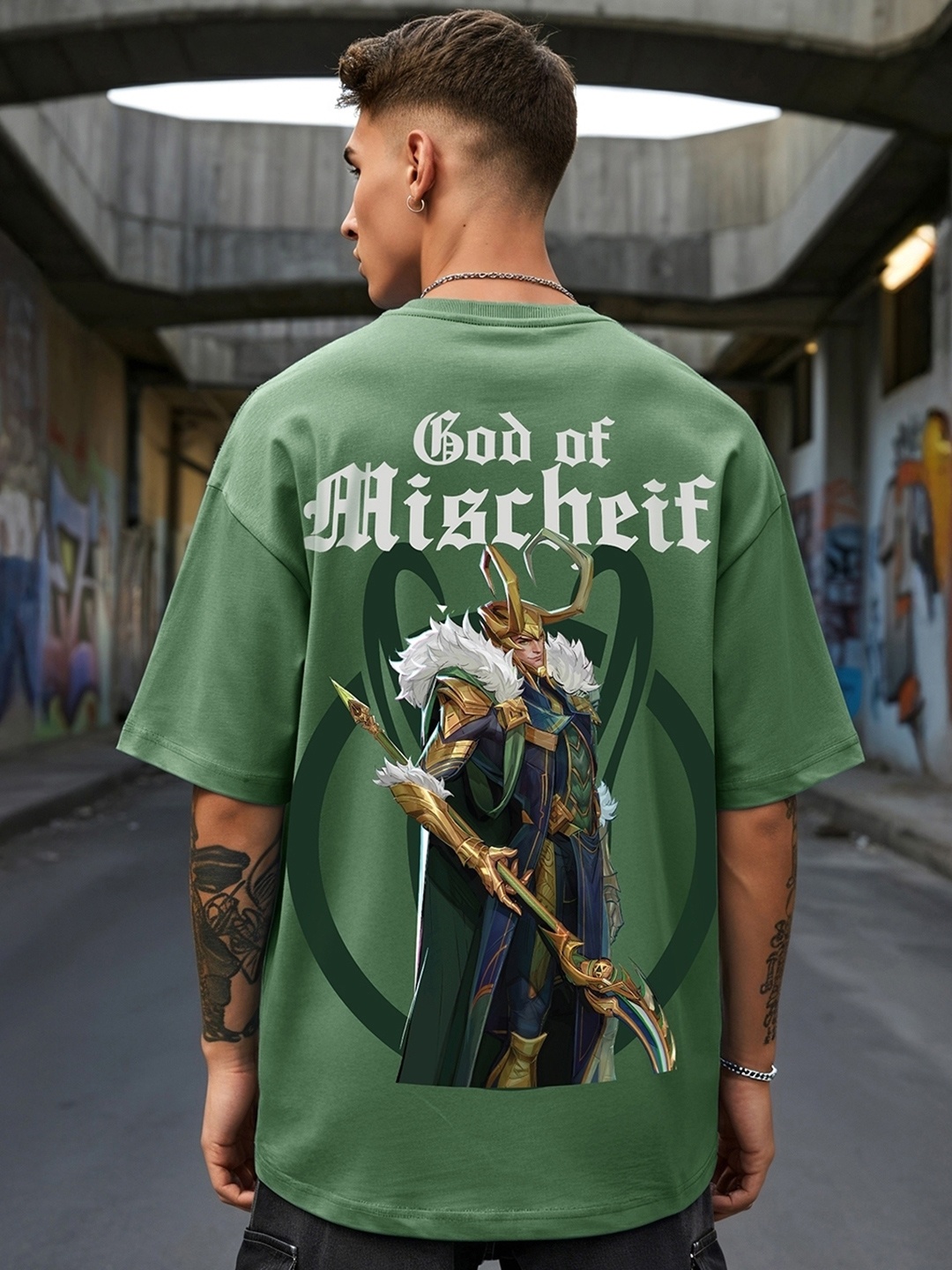 

Bewakoof Heavy Duty Men Loki Graphic Printed Oversized Pure Cotton T-shirt, Green