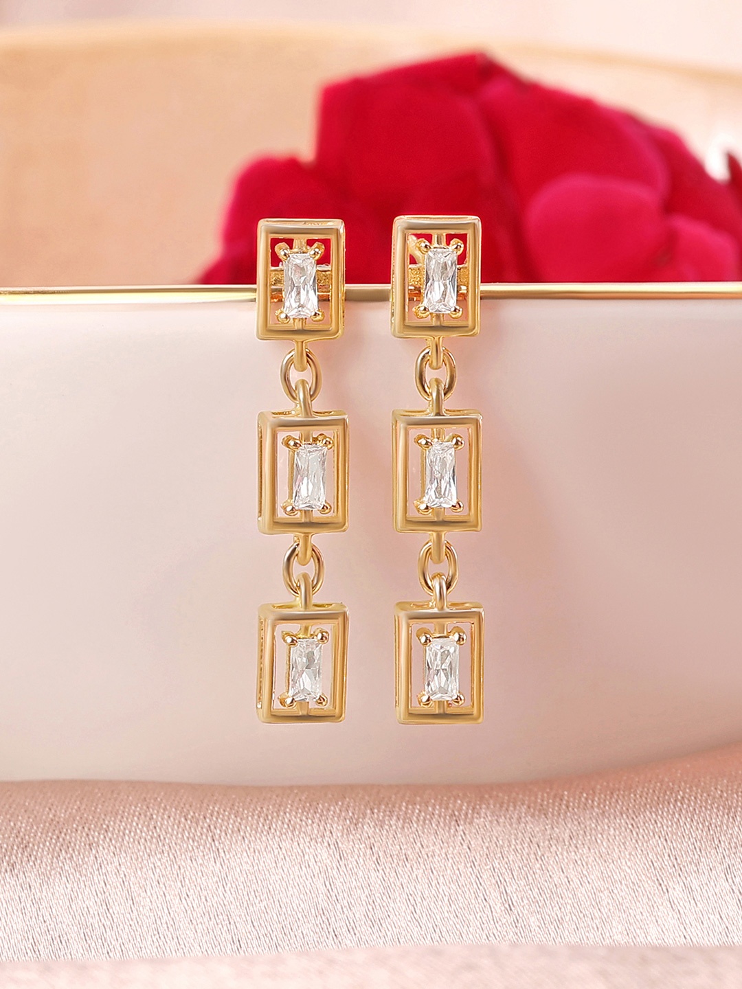 

Ornate Jewels 925 Sterling Silver 18K Gold Plated American Diamond Geometric Drop Earrings