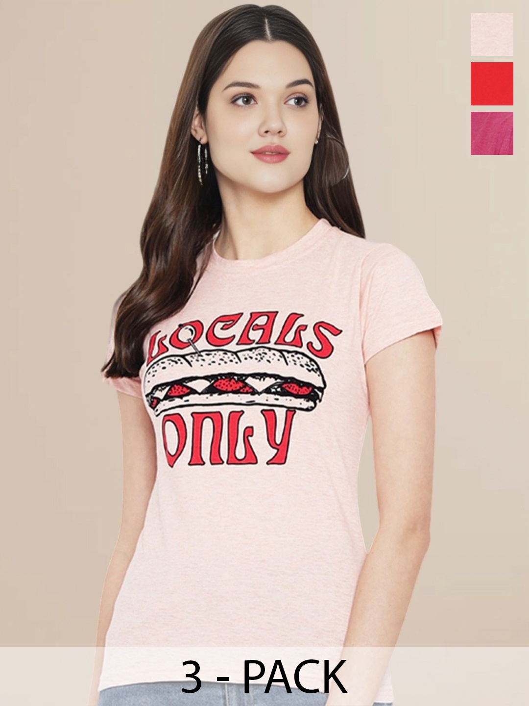 

Metronaut Women Pack Of 3 Typography Printed Round Neck Cotton T-shirts, Peach