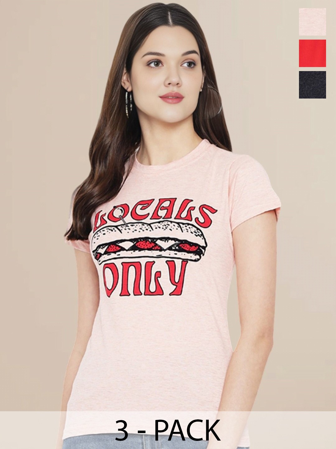 Metronaut Women Pack Of 3 Typography Printed Round Neck Cotton T-shirts, Peach