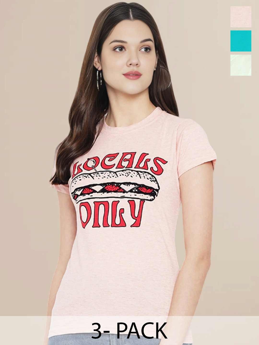 

Metronaut Women Pack Of 3 Typography Printed Round Neck Cotton T-shirts, Peach