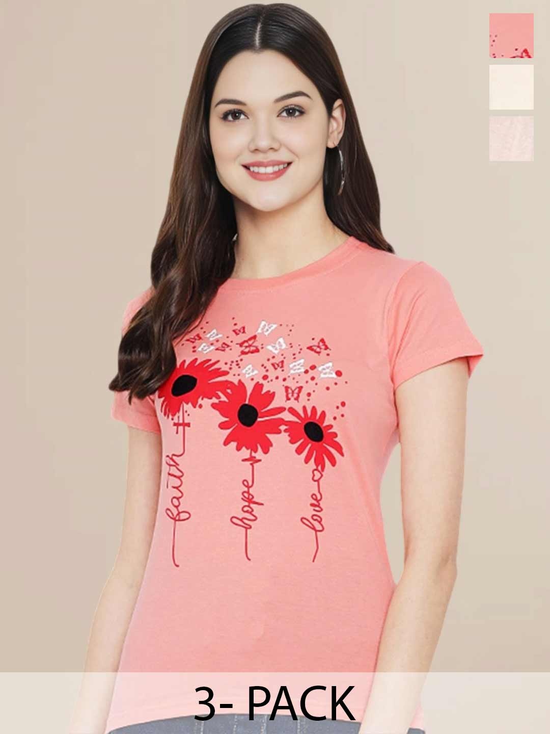 

Metronaut Women Pack Of 3 Typography Printed Round Neck Cotton T-shirts, Peach