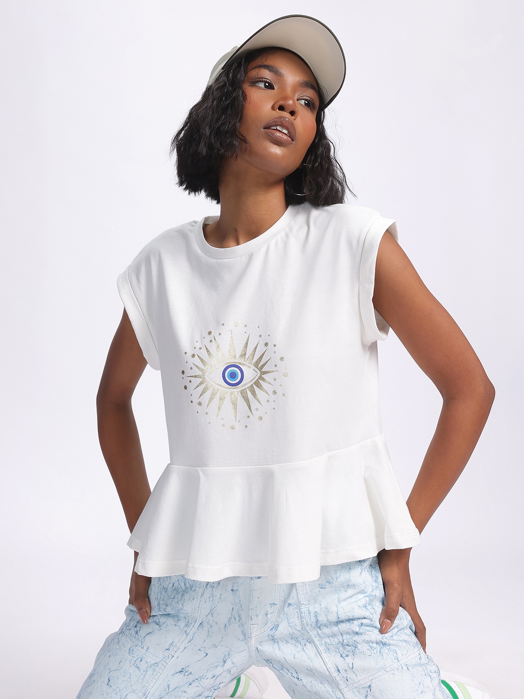 

glitchez Vivid Flare Printed Peplum Top, White
