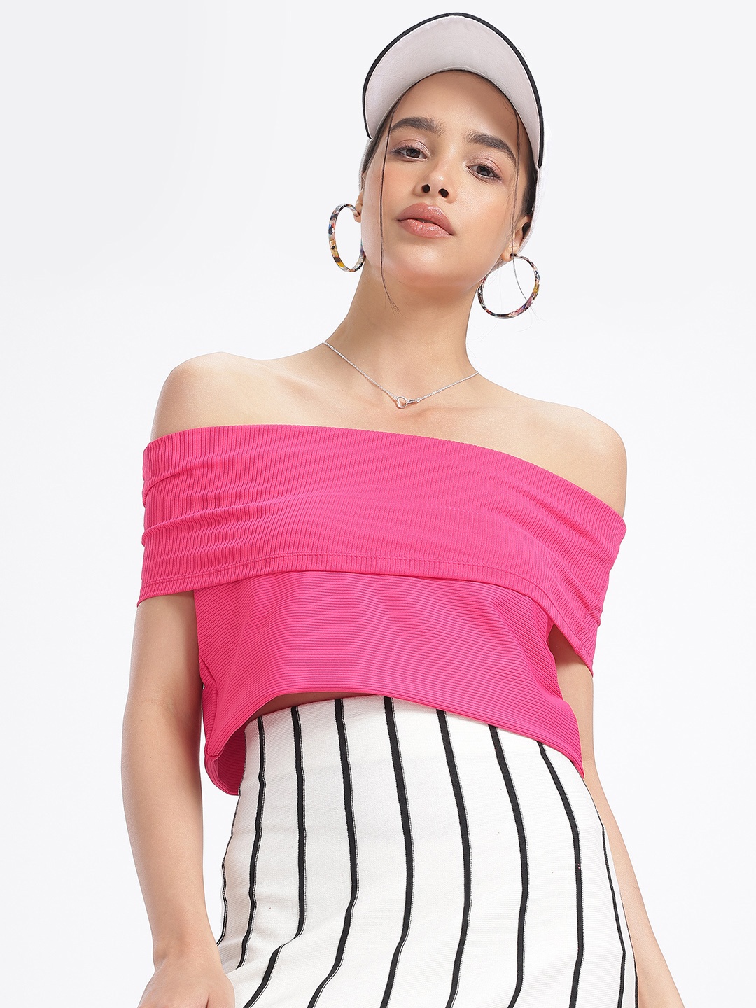 

glitchez Ribbed Rebel Bardot Crop Top, Pink