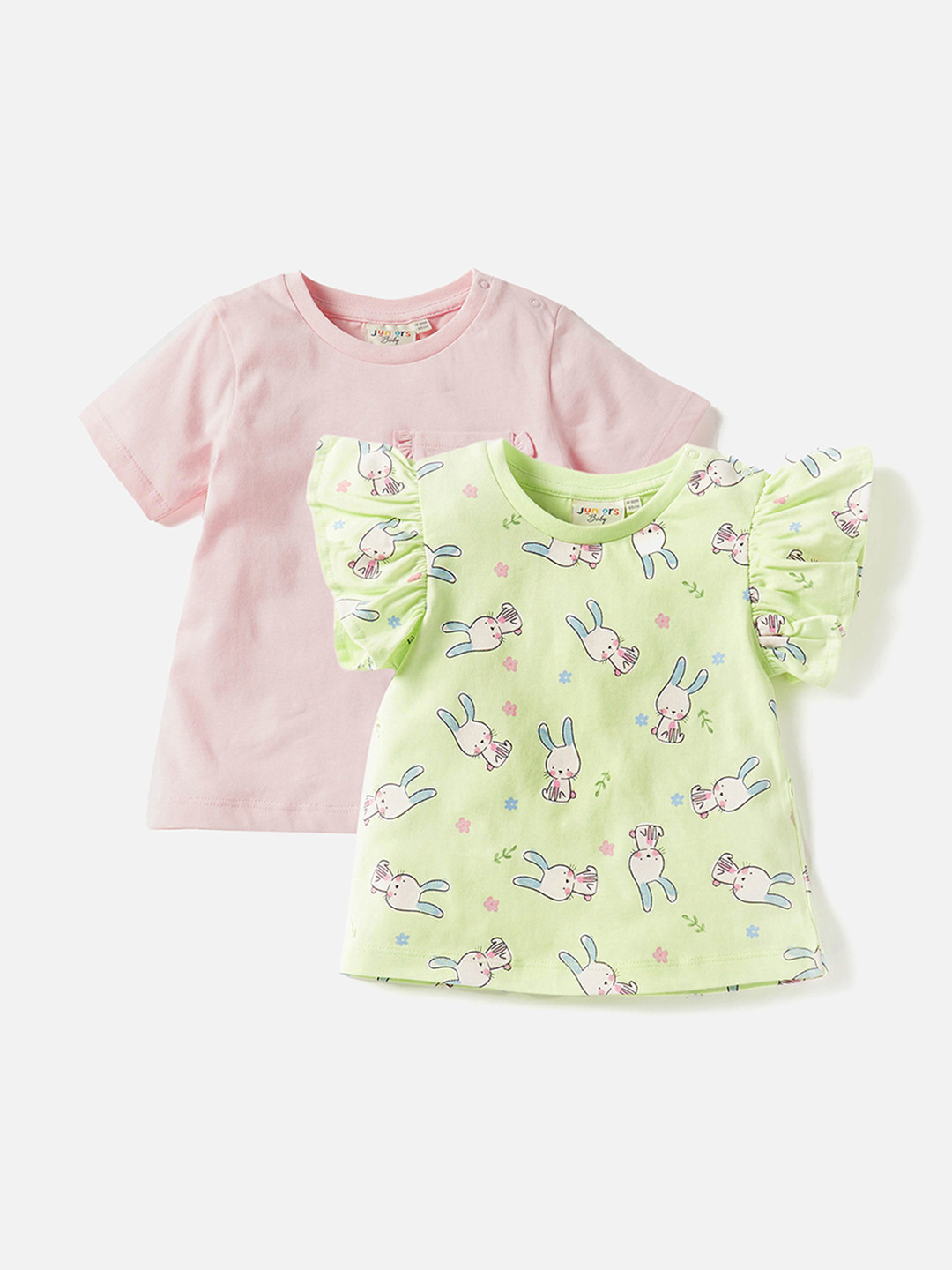 

Juniors by Babyshop Girls Pack Of 2 Printed Round Neck Cotton T-shirts, Lime green