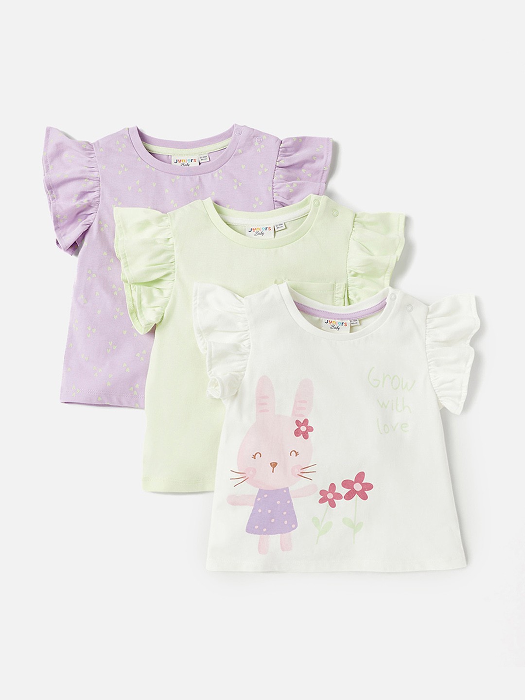 

Juniors by Babyshop Girls Pack Of 3 Printed Round Neck Cotton Tops, Purple