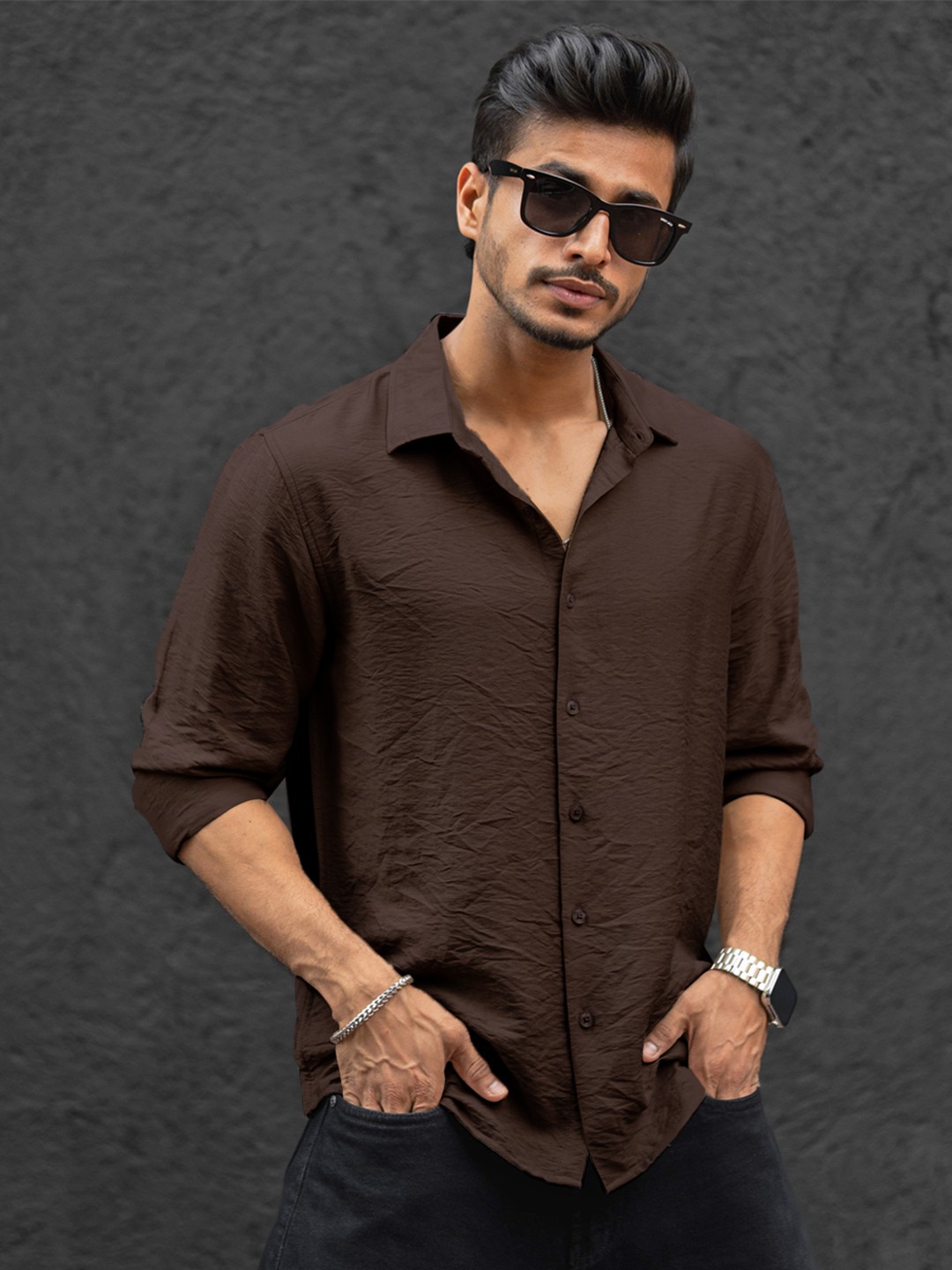 

Powerlook Men Spread Collar Solid Relaxed Fit Casual Shirt, Brown