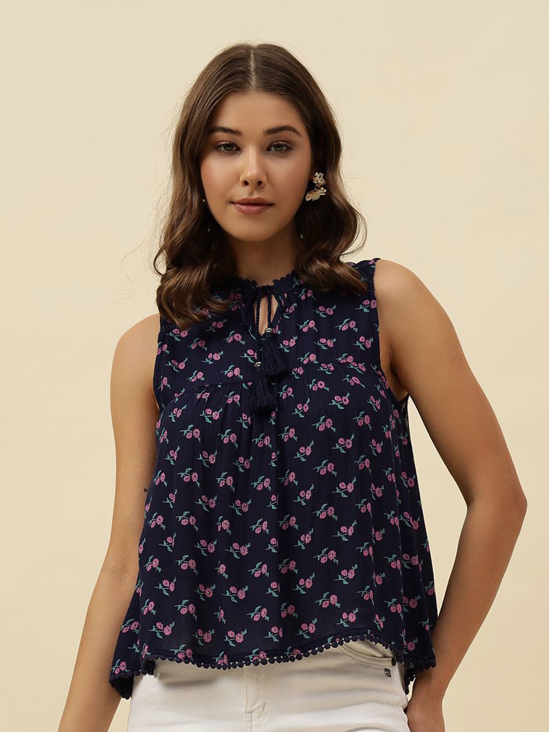 

Beatnik Women Floral Print Tie-Ups Cotton Top, Blue