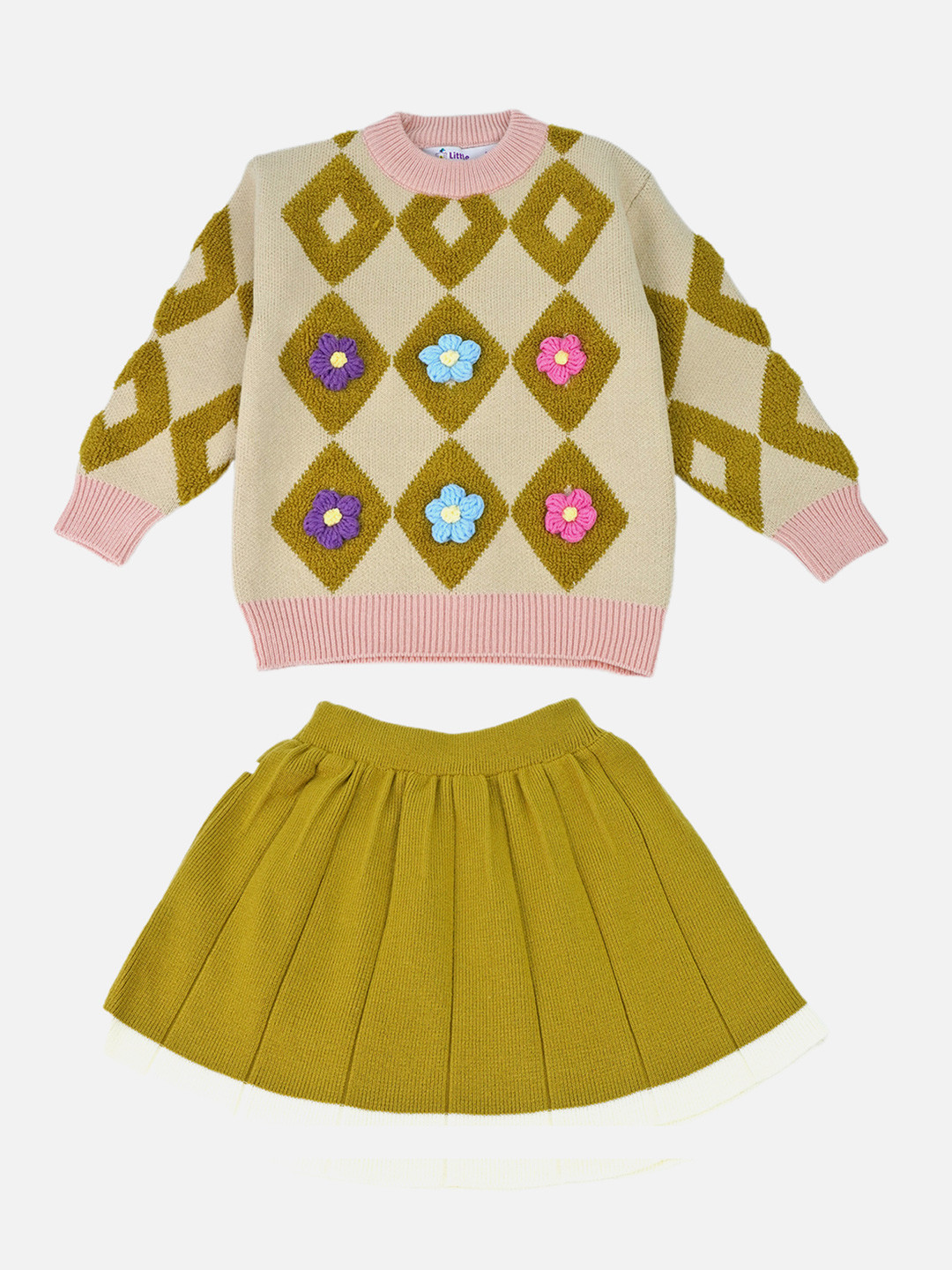 

Little Surprise Box LLP Girls Floral Self Design Cardigan With Skirt, Mustard