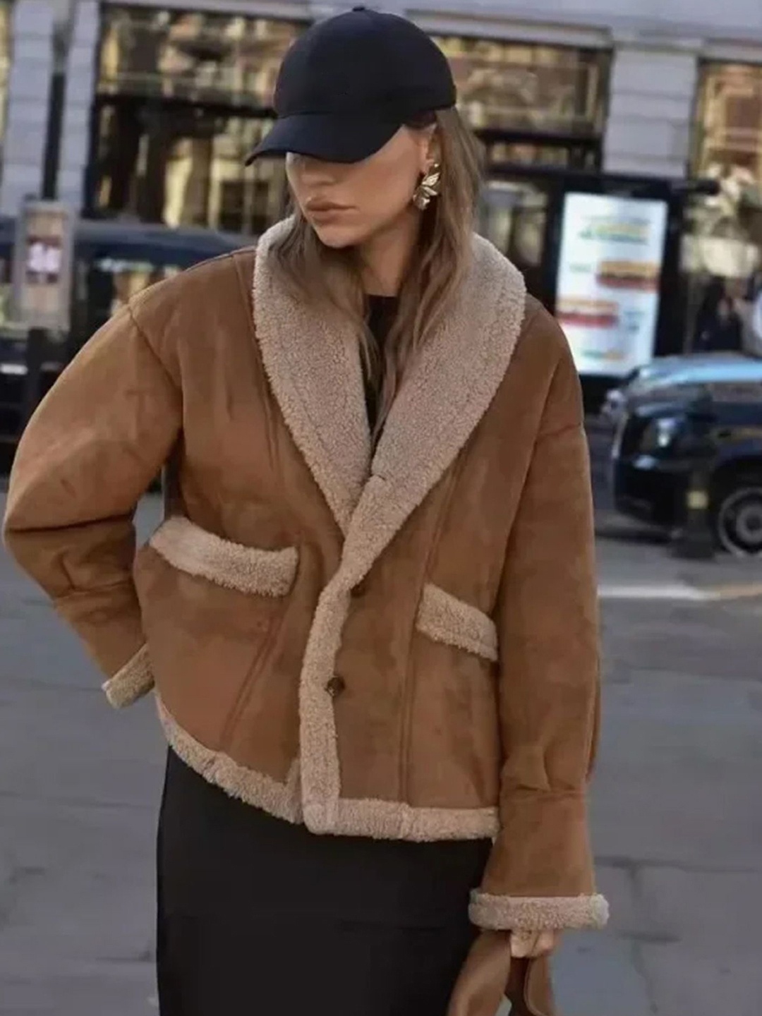 

LULU & SKY Women Shawl Collar Solid Casual Open Front Jacket, Brown