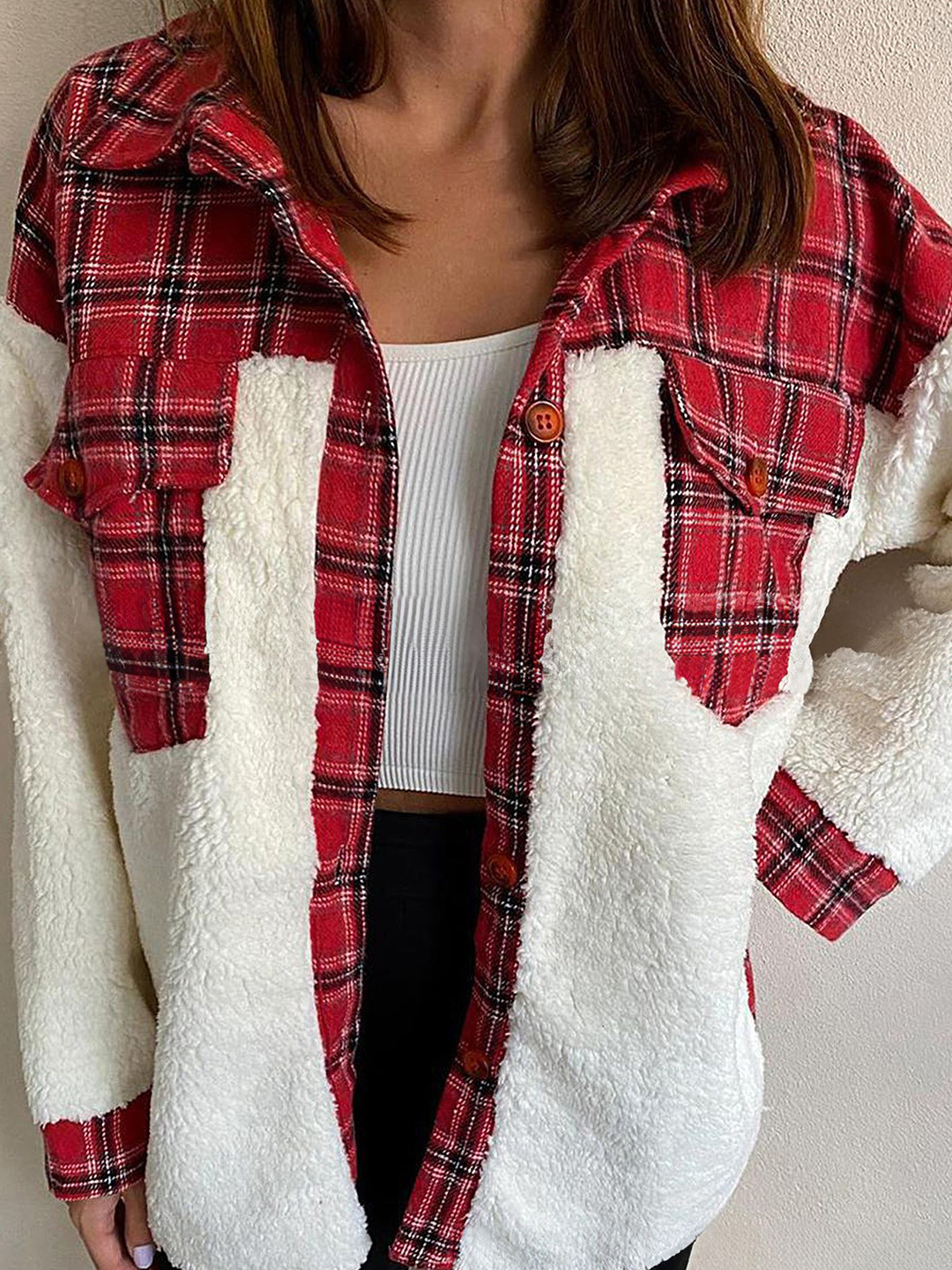 

LULU & SKY Women Spread Collar Checked Casual Open Front Jacket, Red