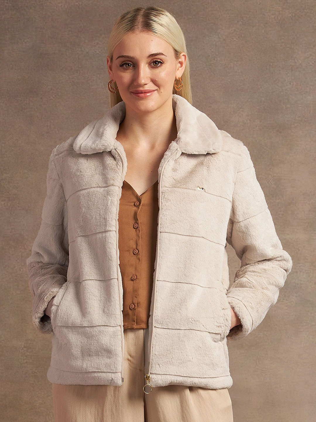 

U.S. Polo Assn. Women Spread Collar Self Design Casual Parka Jacket, Beige