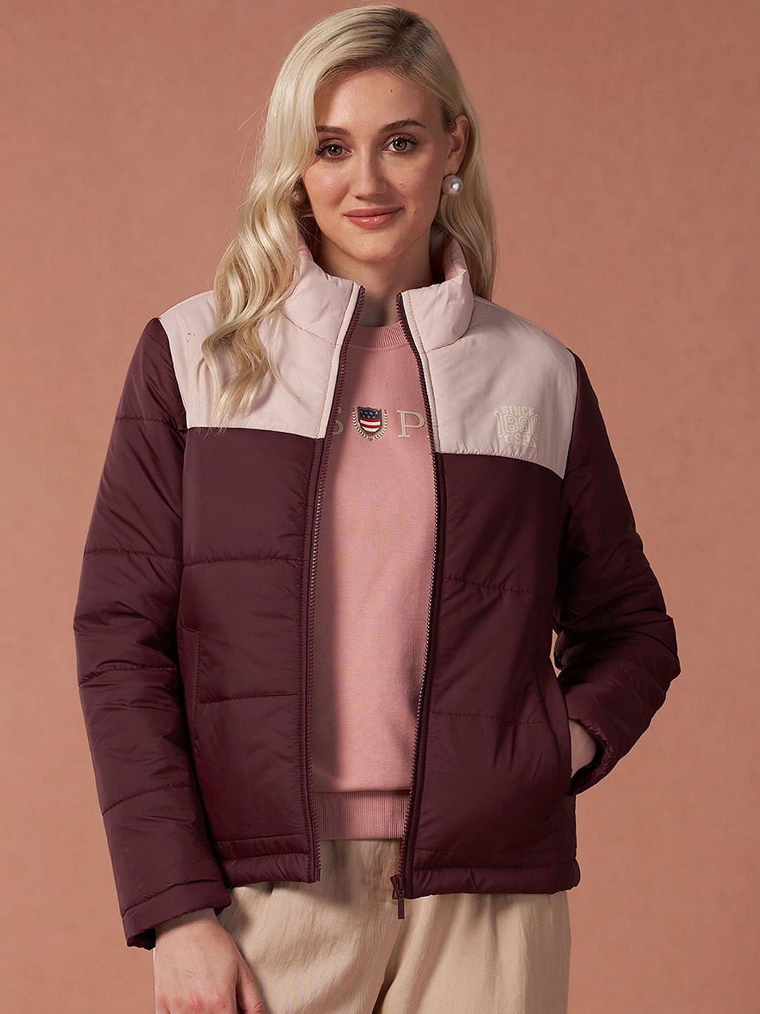 

U.S. Polo Assn. Mock Collar Colourblocked Casual Puffer Jacket, Maroon