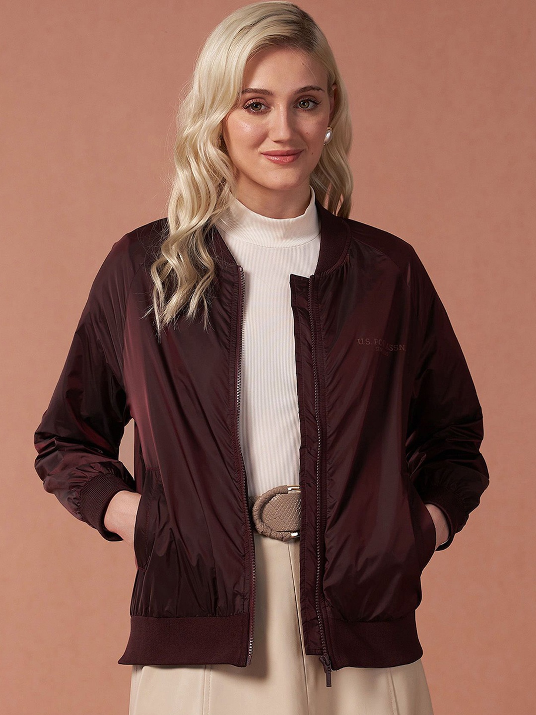 

U.S. Polo Assn. Women Stand Collar Solid Casual Bomber Jacket, Burgundy