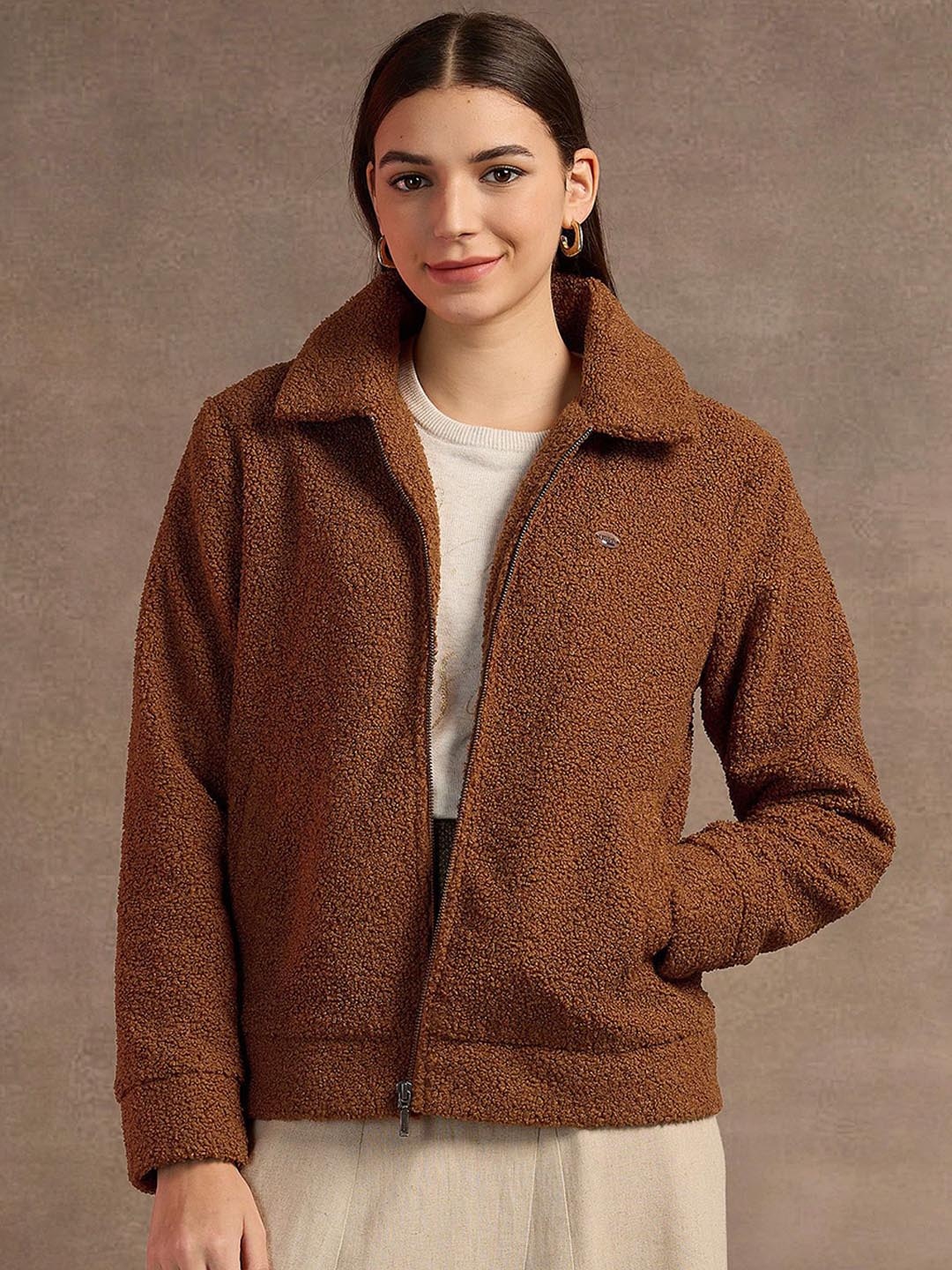 

U.S. Polo Assn. Women Spread Collar Self Design Casual Parka Jacket, Brown