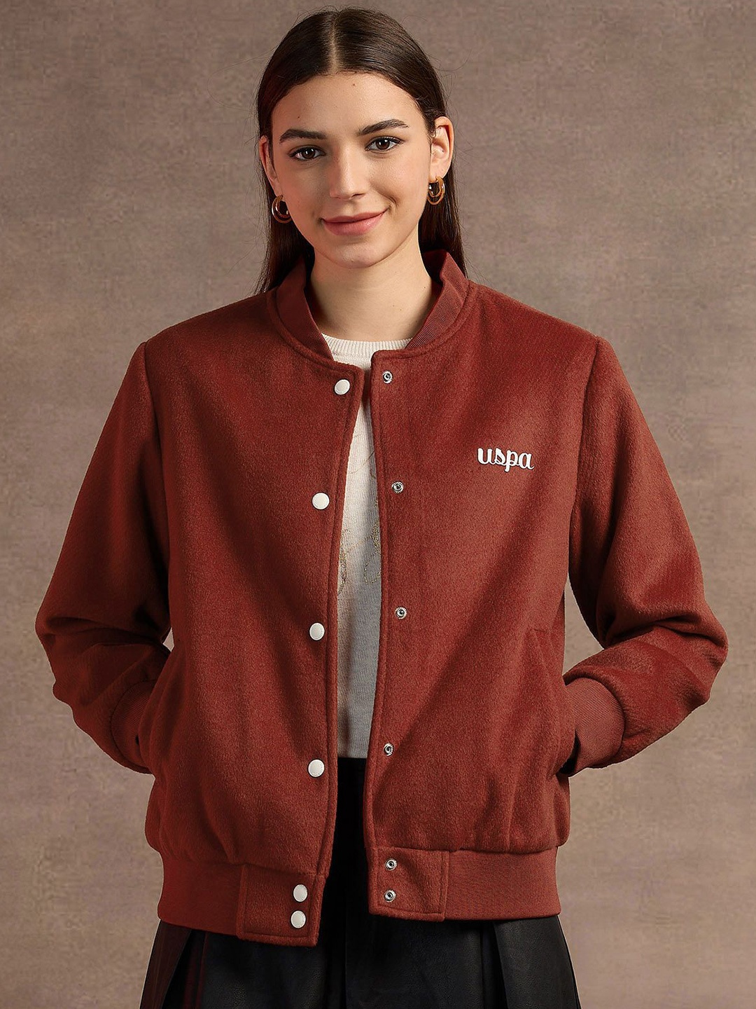 

U.S. Polo Assn. Women Stand Collar Solid Casual Bomber Jacket, Maroon