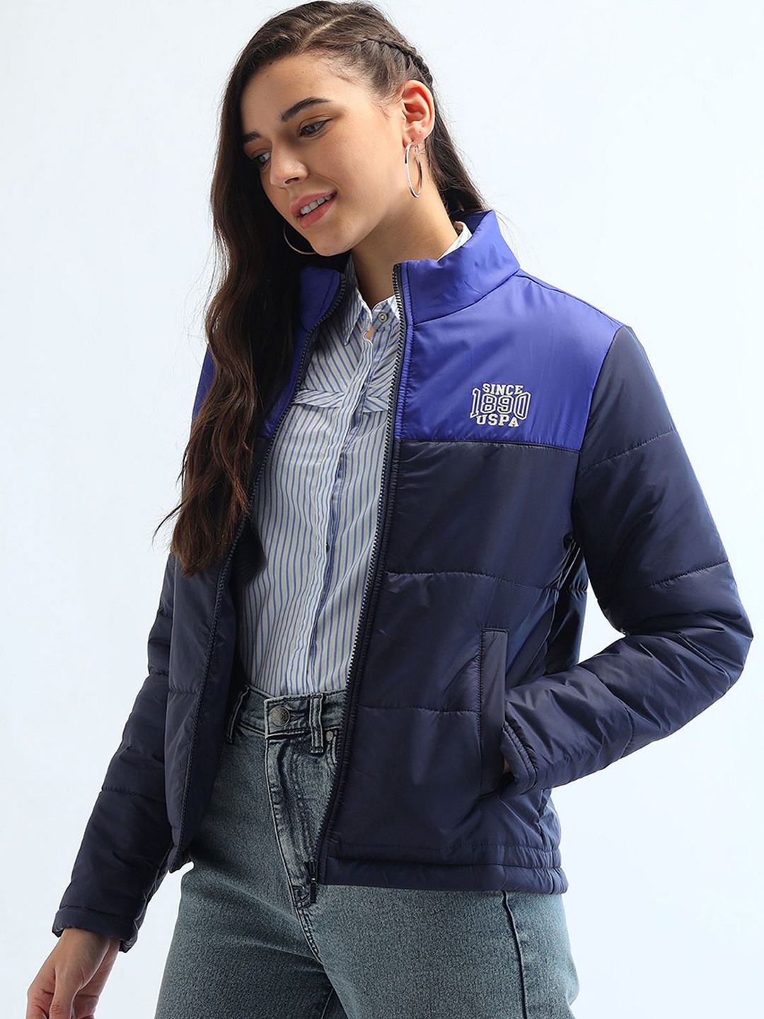 

U.S. Polo Assn. Women Mock Collar Colourblocked Casual Padded Jacket, Navy blue