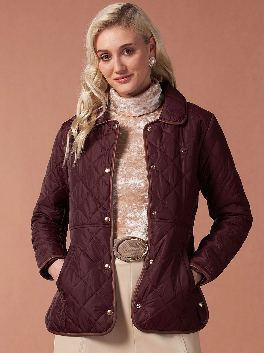 

U.S. Polo Assn. Women Spread Collar Solid Casual Quilted Jacket, Burgundy