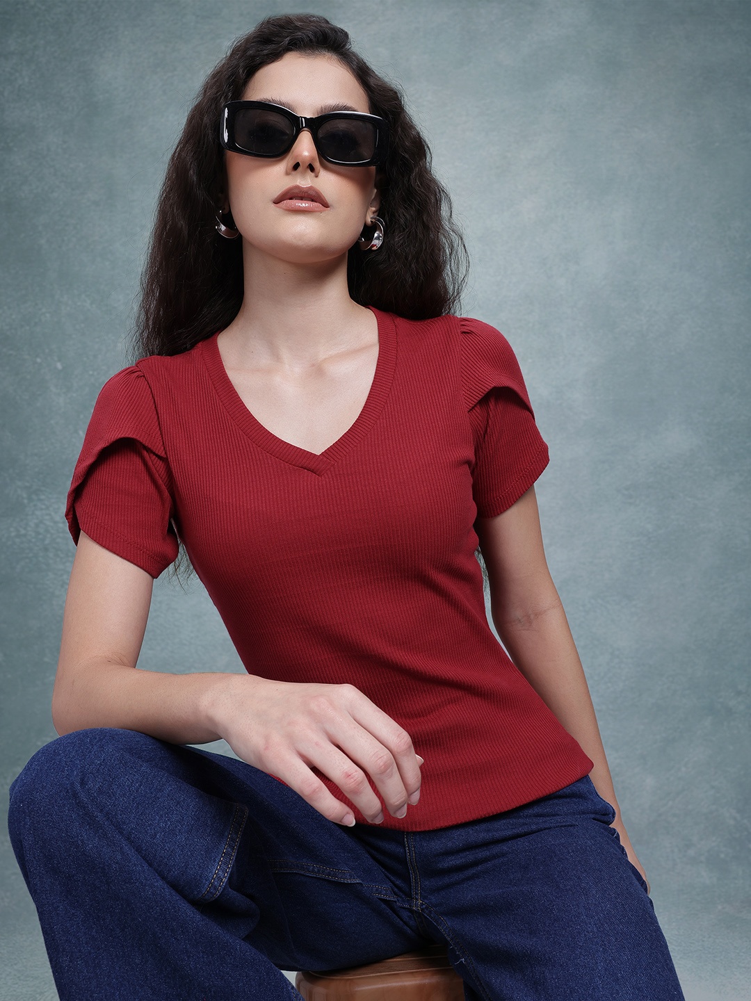 The Roadster Life Co. Solid Petal Sleeve Top, Maroon