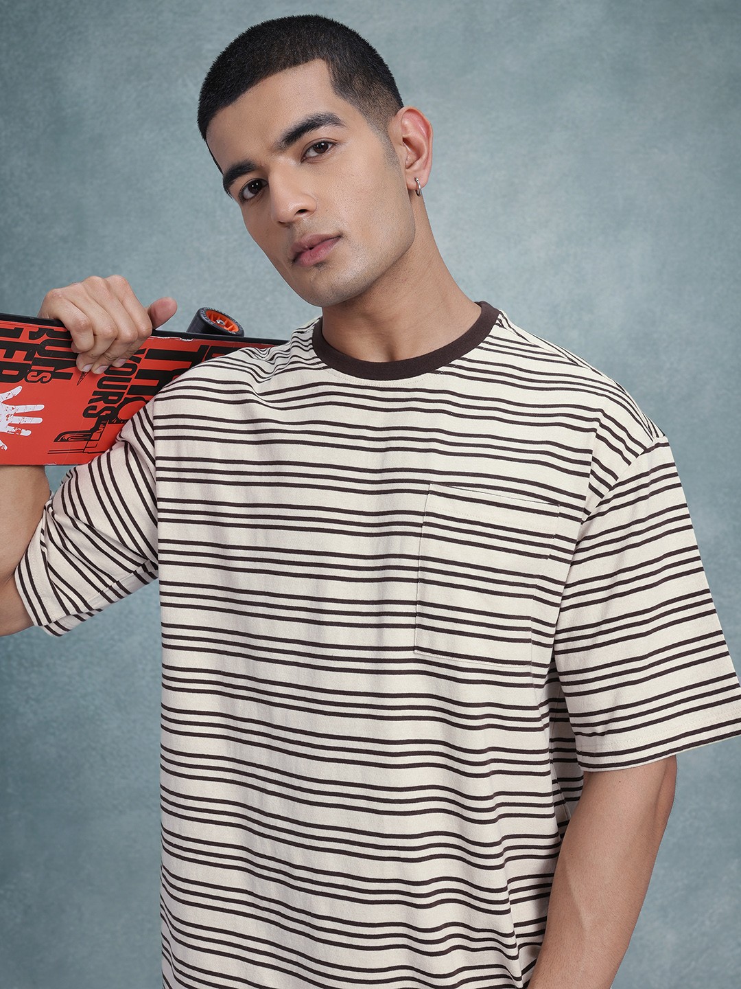 

The Roadster Life Co. Striped Drop-Shoulder Sleeves Relaxed Fit T-shirt, Beige