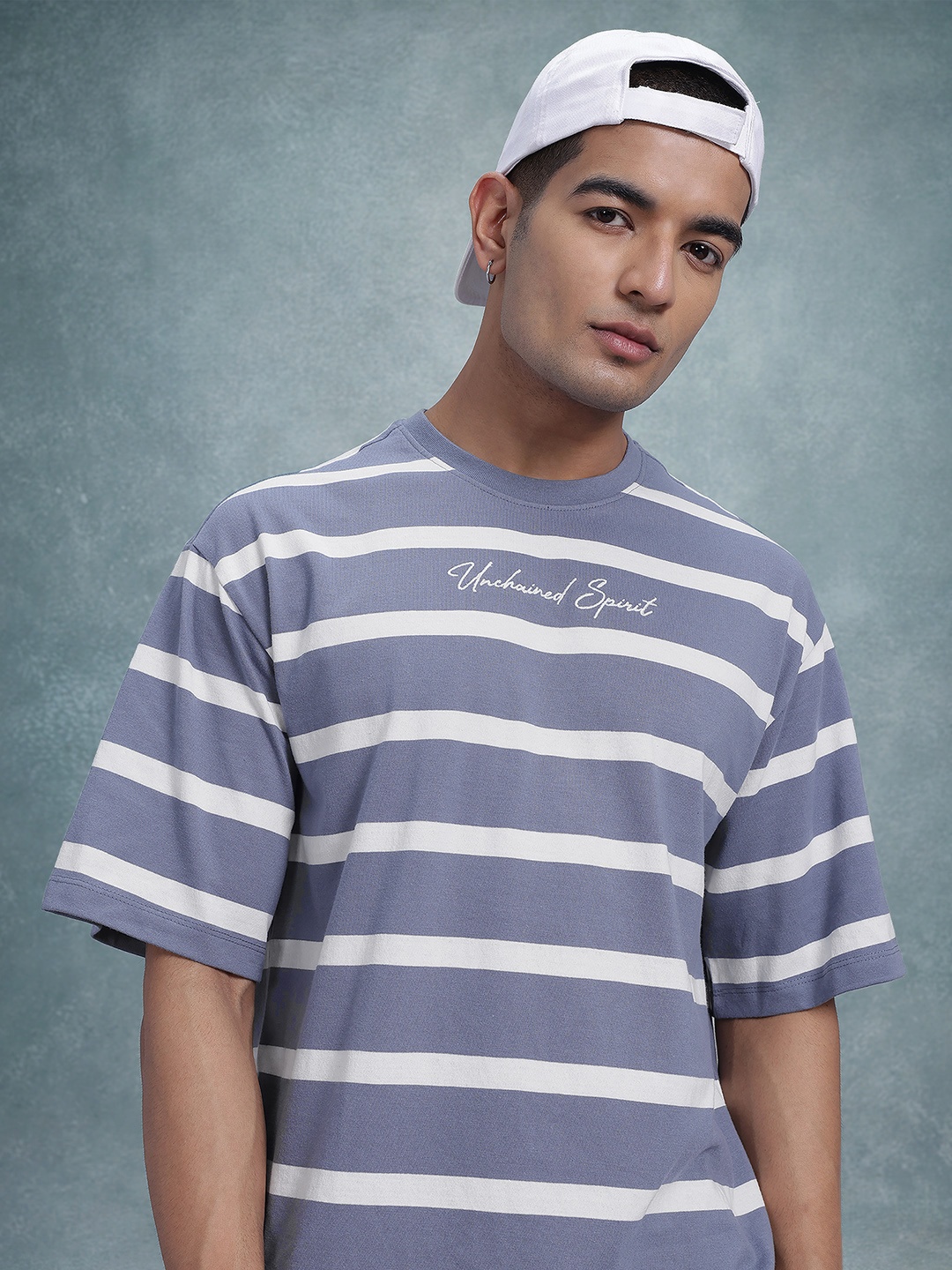 

The Roadster Life Co. Striped Drop-Shoulder Sleeves Relaxed Fit T-shirt, Blue