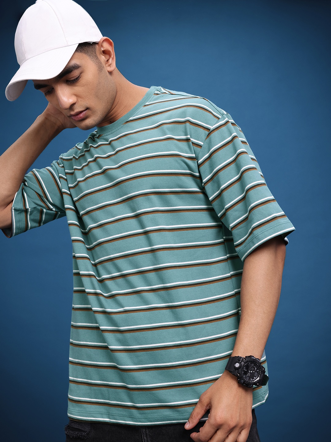 

The Roadster Life Co. Striped Drop-Shoulder Sleeves Relaxed T-shirt, Green