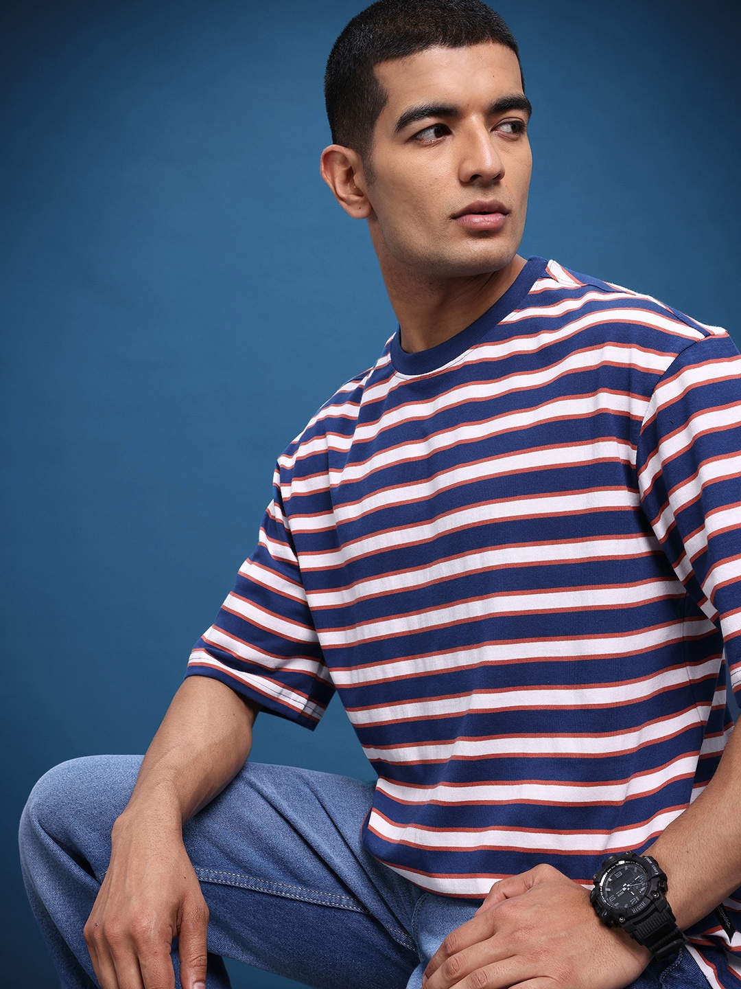 

The Roadster Life Co. Striped Drop-Shoulder Sleeves Relaxed T-shirt, Blue