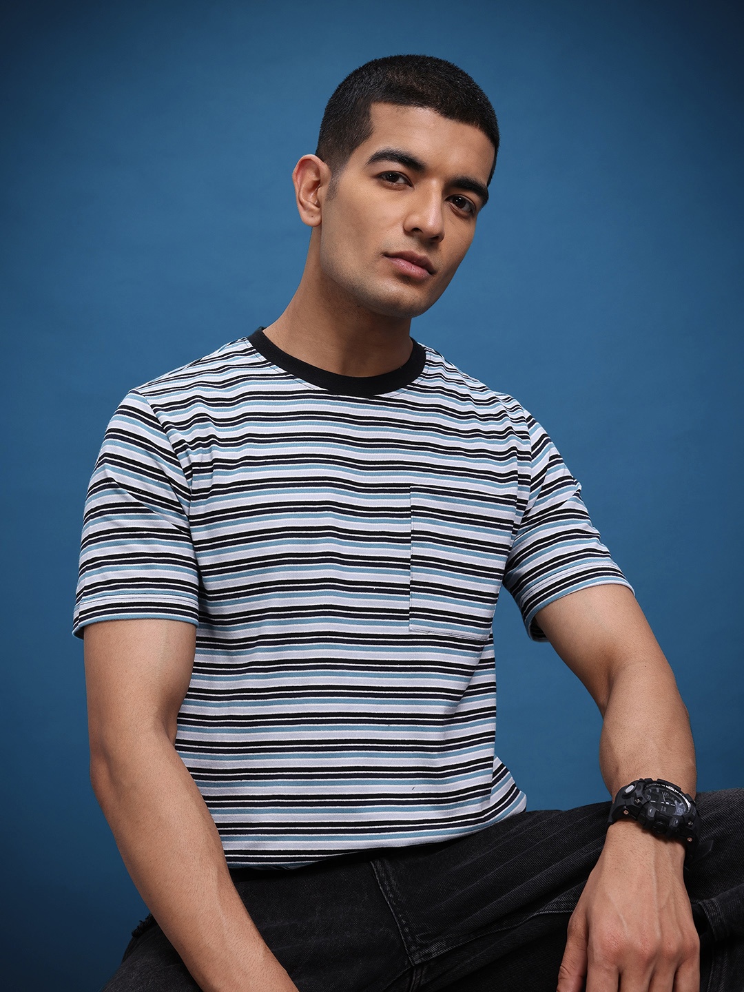 

The Roadster Life Co. Striped Drop-Shoulder Sleeves Relaxed T-shirt, Blue