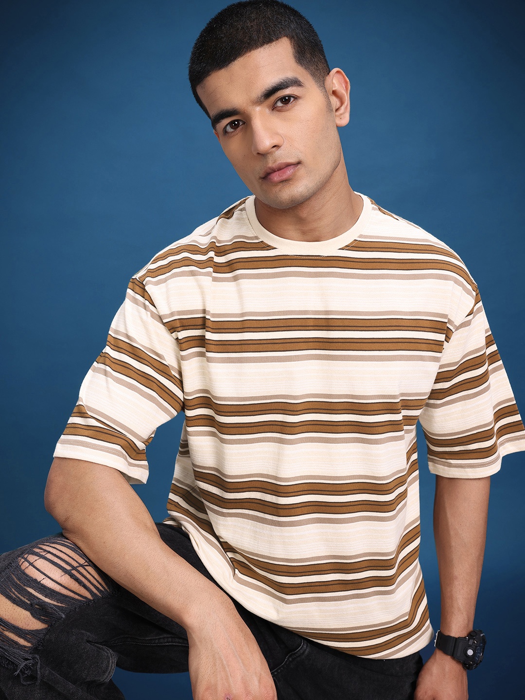 

The Roadster Life Co. Men Striped Relaxed Fit T-shirt, Beige