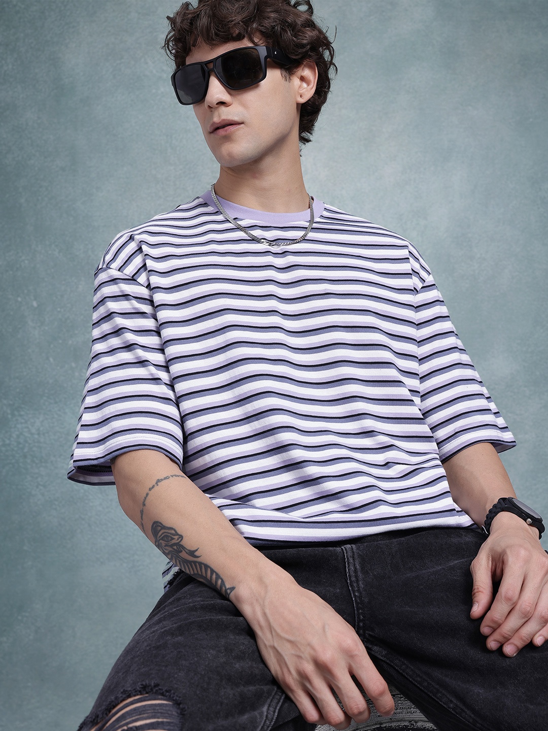 The Roadster Life Co. Horizontally Striped Drop-Shoulder Sleeves Relaxed Fit T-shirt, White
