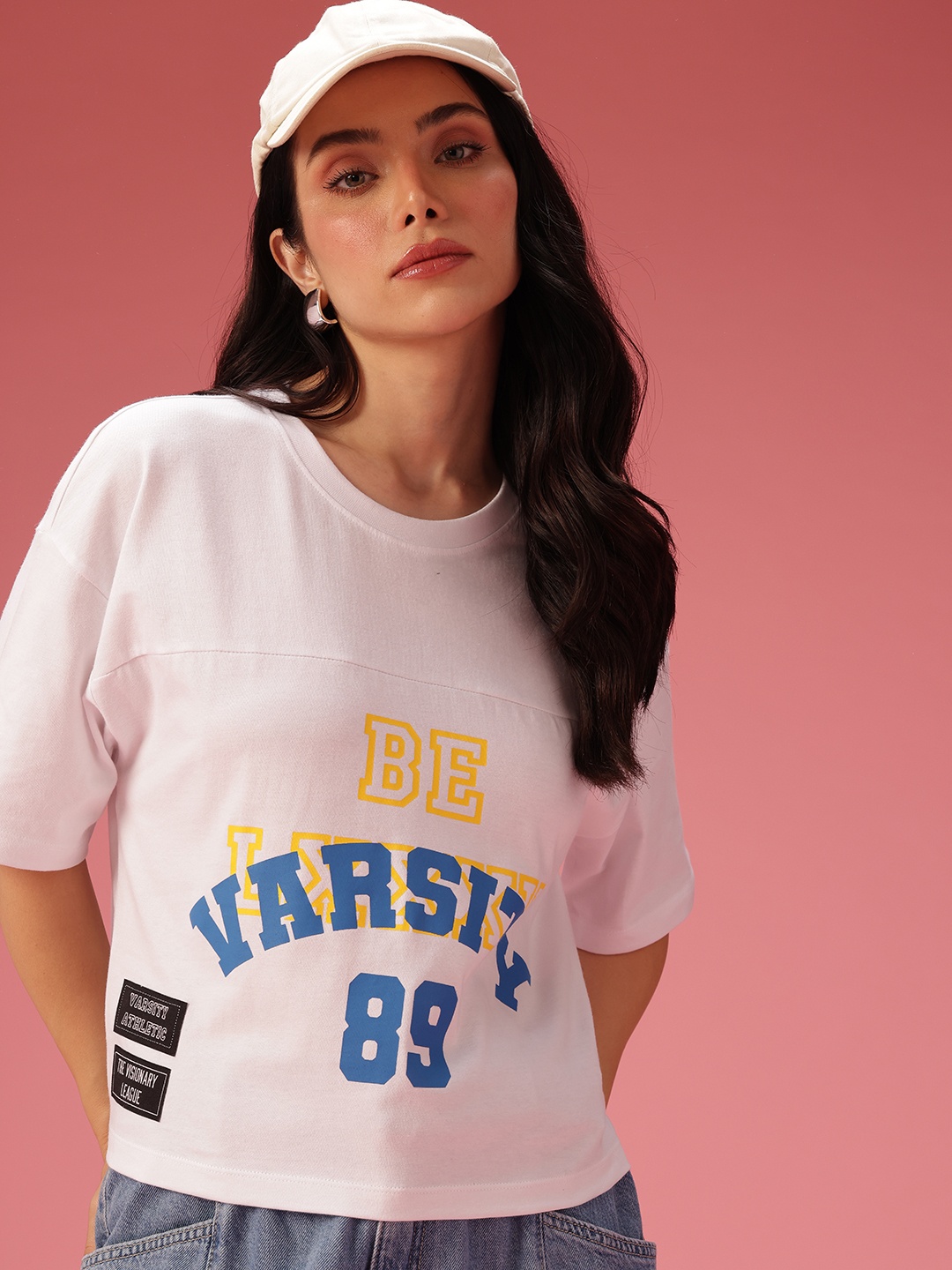 

DressBerry Women Typography Printed Drop-Shoulder Sleeves Pure Cotton Boxy T-shirt, White