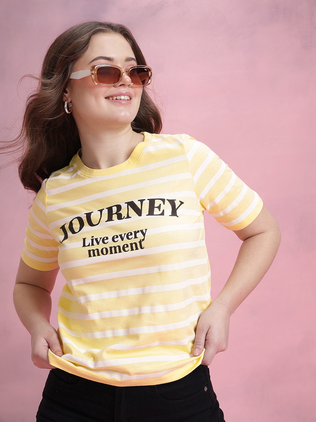 

DressBerry Striped Typography Printed Pure Cotton T-shirt, Yellow