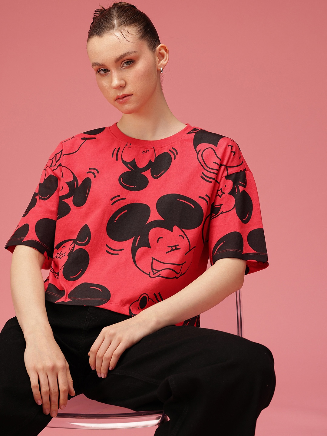 

DressBerry Mickey Mouse Printed Drop-Shoulder Sleeves Relaxed Fit Pure Cotton T-shirt, Red