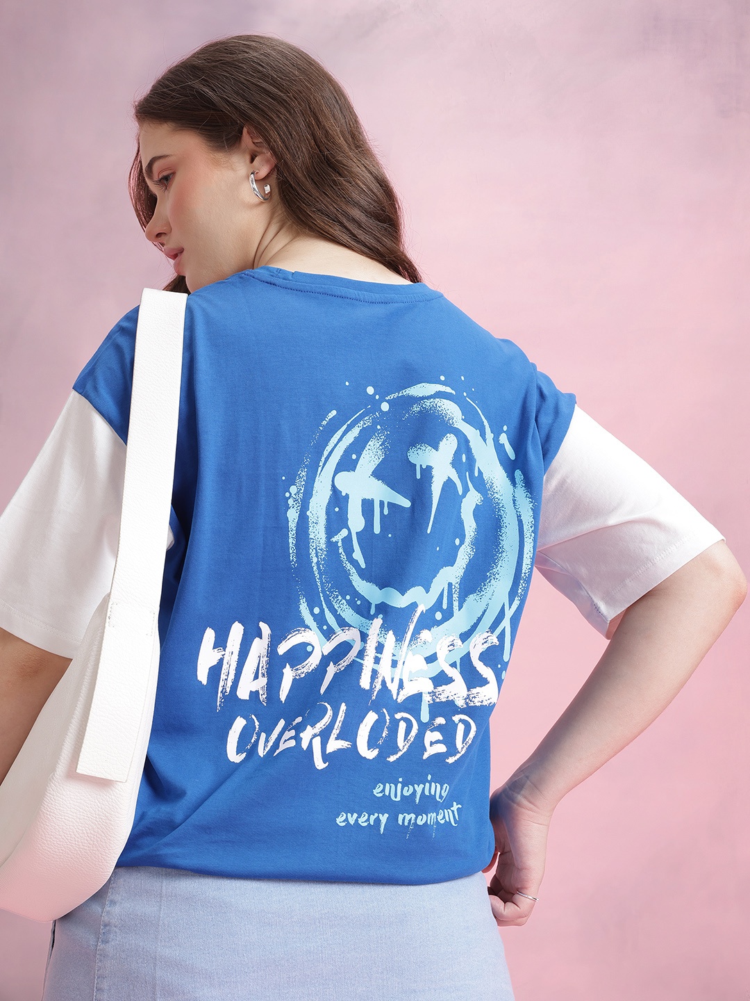 

DressBerry Graphic Printed Drop-Shoulder Sleeves Oversized T-shirt, Blue
