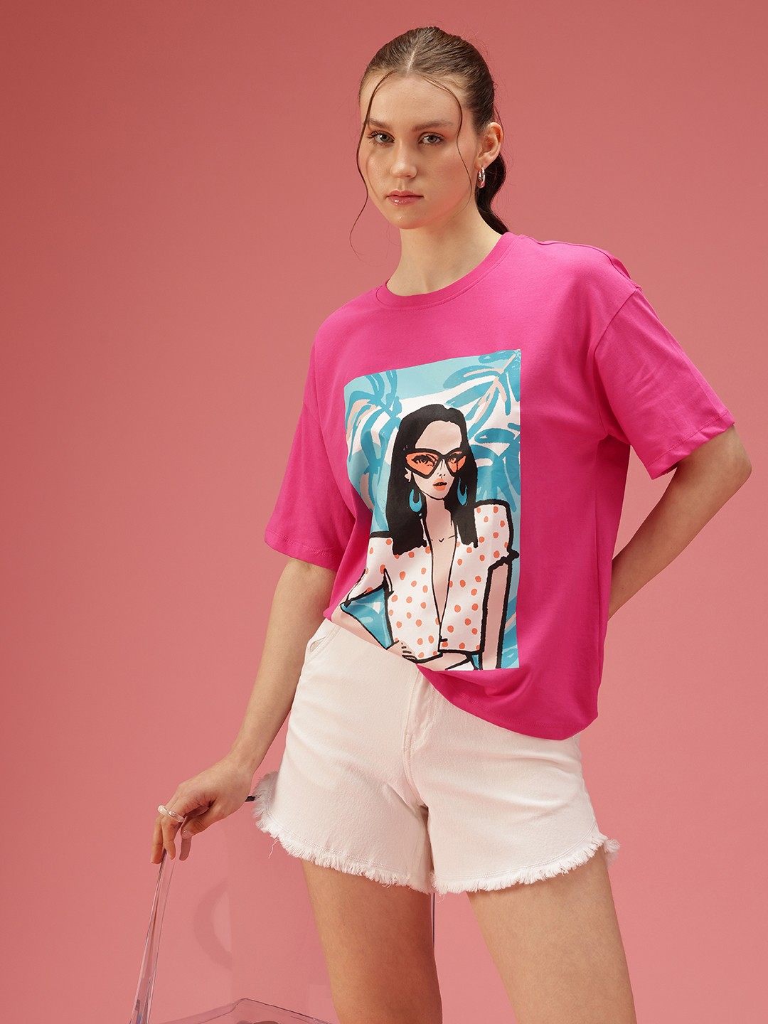 

DressBerry Graphic Printed Drop-Shoulder Sleeves Relaxed Fit Pure Cotton T-shirt, Pink