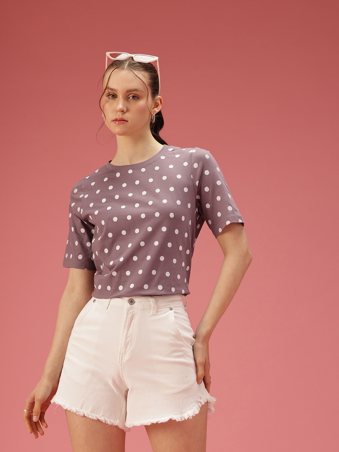 

DressBerry Polka Dot Printed Pure Cotton T-shirt, Purple