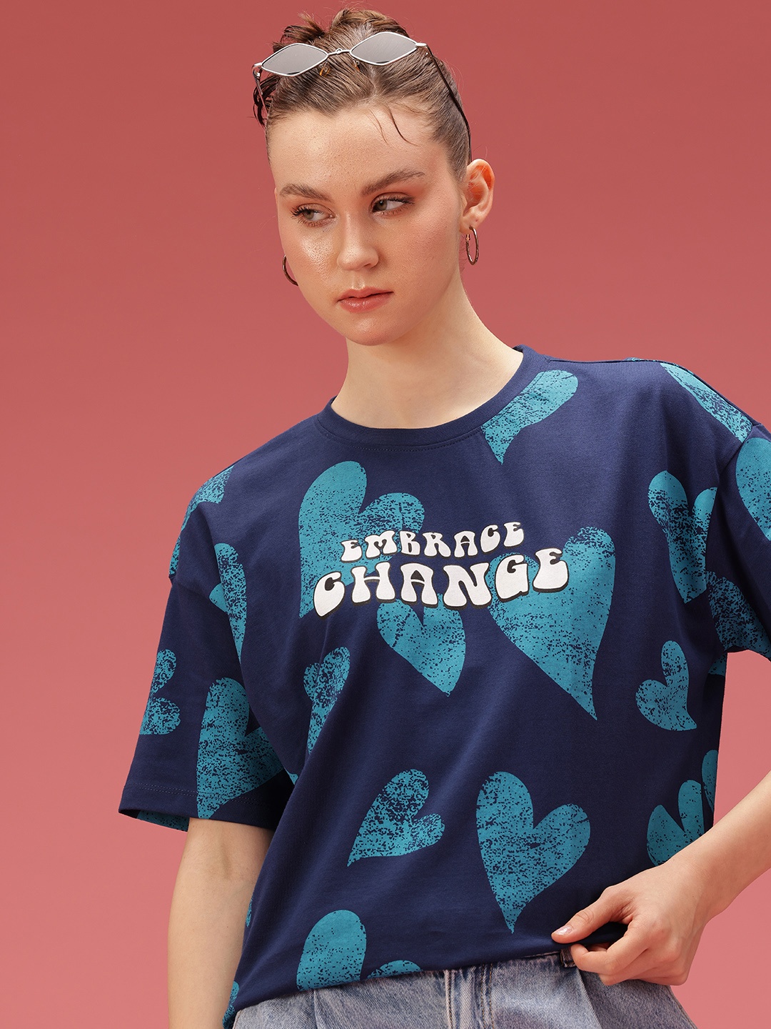 

DressBerry Pure Cotton Graphic Printed Relaxed Fit T-shirt, Navy blue