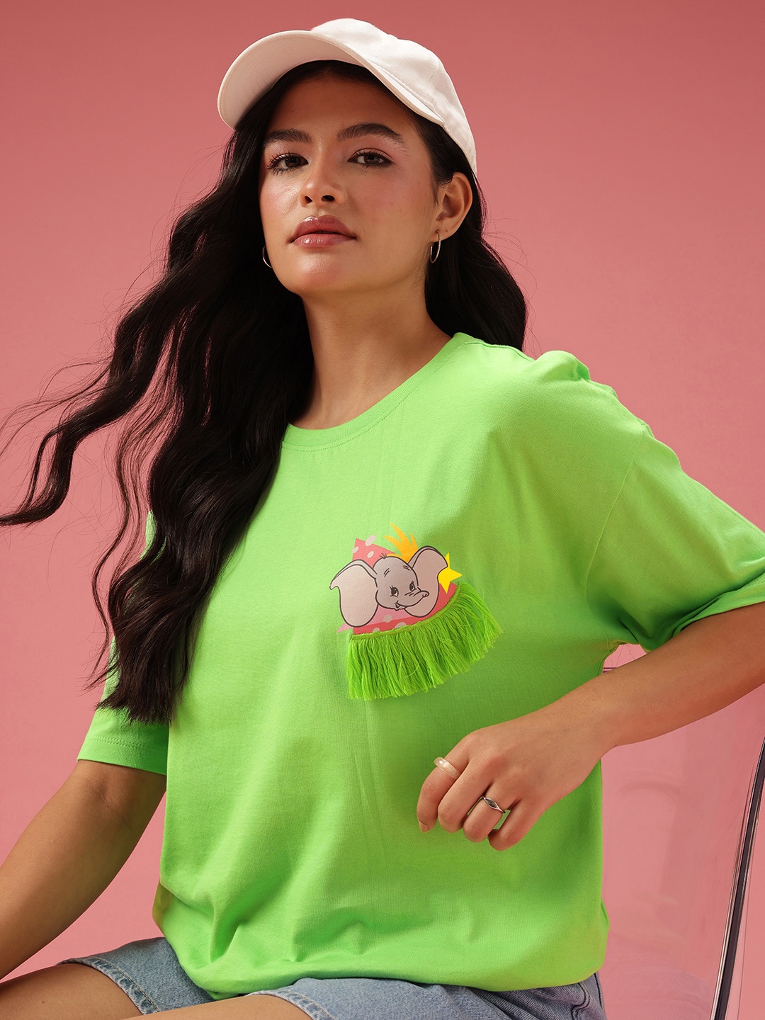 

DressBerry Relaxed Fit Dumbo Graphic Printed Pure Cotton T-shirt, Lime green